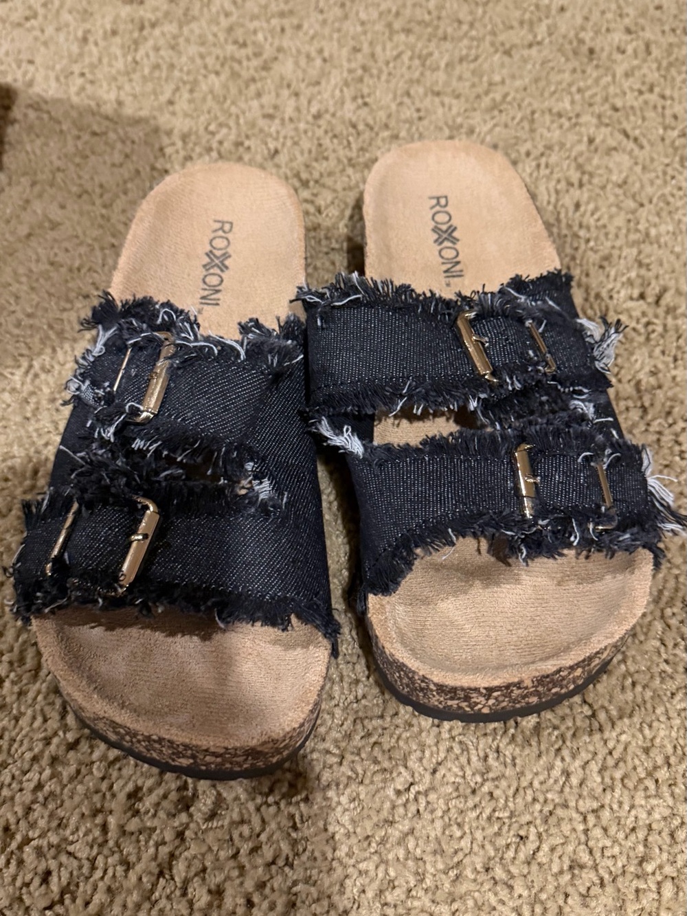 Black Frayed Double-Buckle Slide Sandals